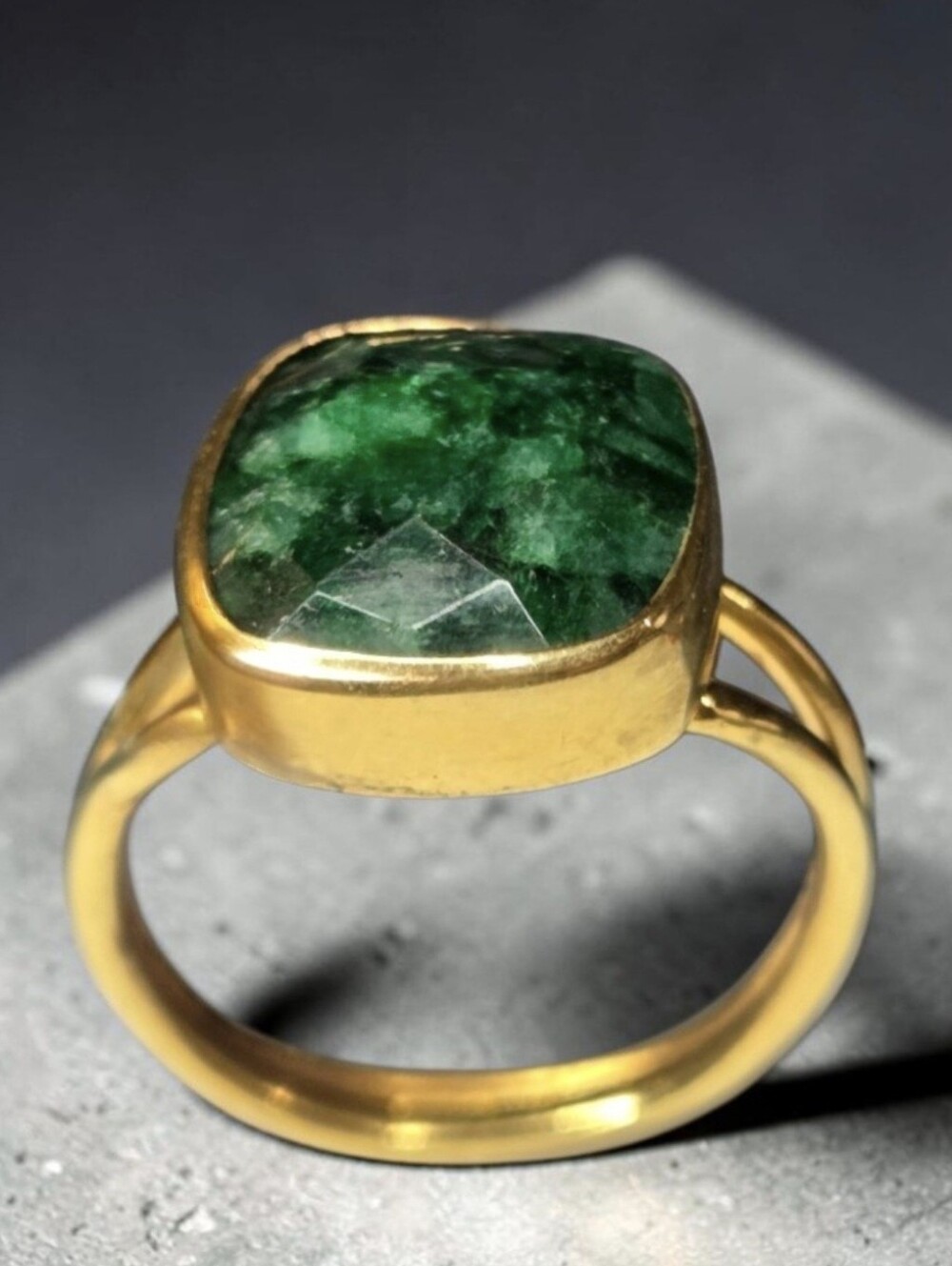 18k Gold Plated Artisan Genuine Natural Raw Emerald Crystal Beveled Ring